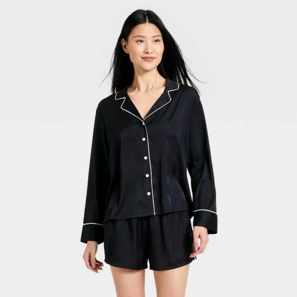 Auden Women's Luxury Collection Satin Notch Collar Long Sleeve Shirt and Shorts